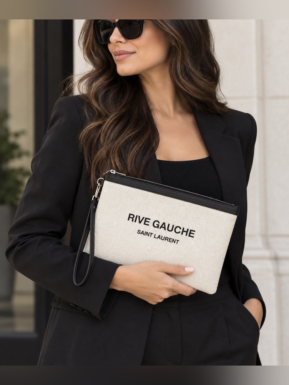 Saint Laurent Rive Gauche Clutch Bag Coated Canvas Leather Ivory Black